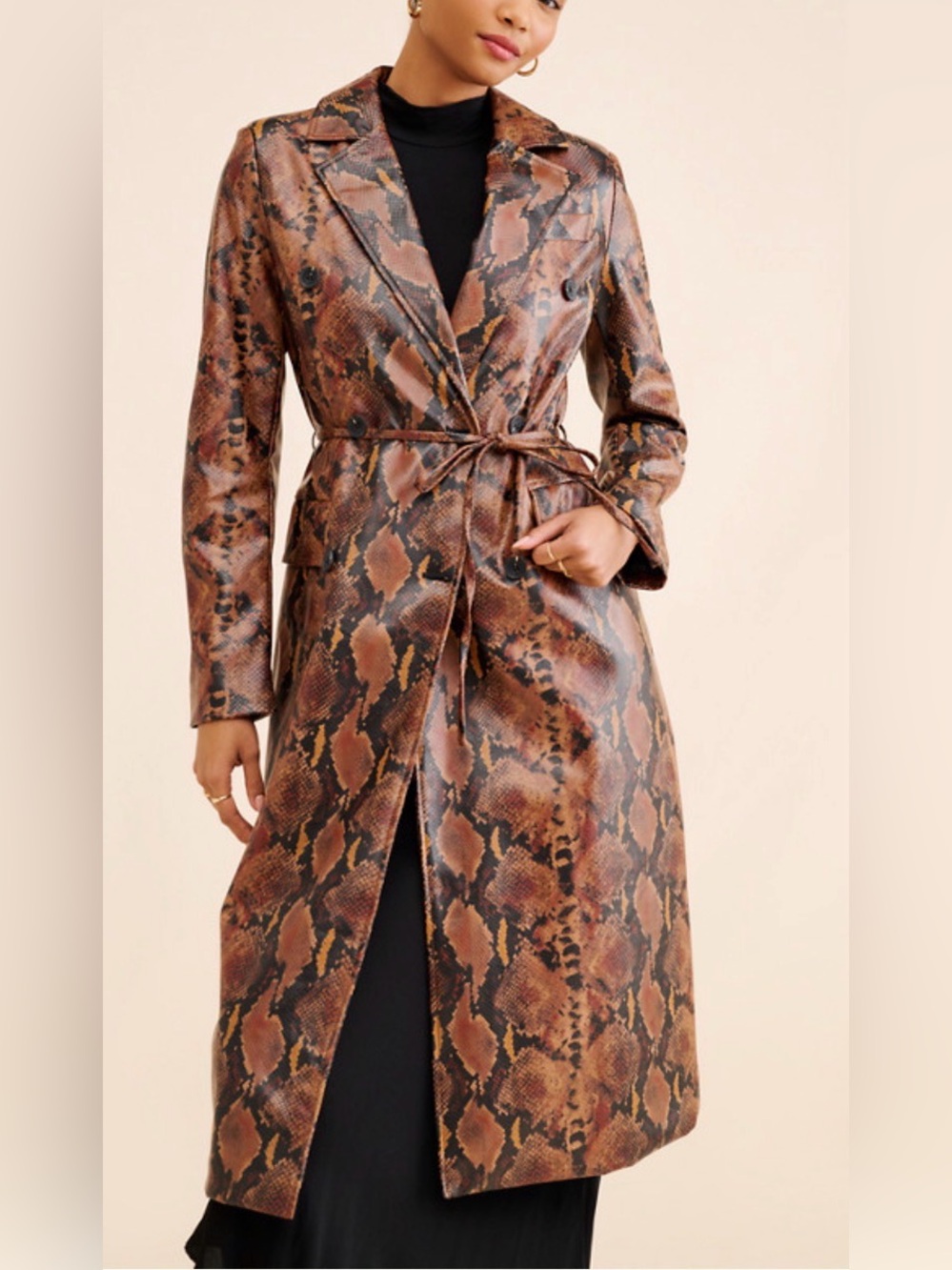 Anthropologie Avec Les Filles Faux Leather Snake Print / Python Trench Coat. S